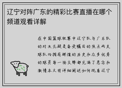 辽宁对阵广东的精彩比赛直播在哪个频道观看详解